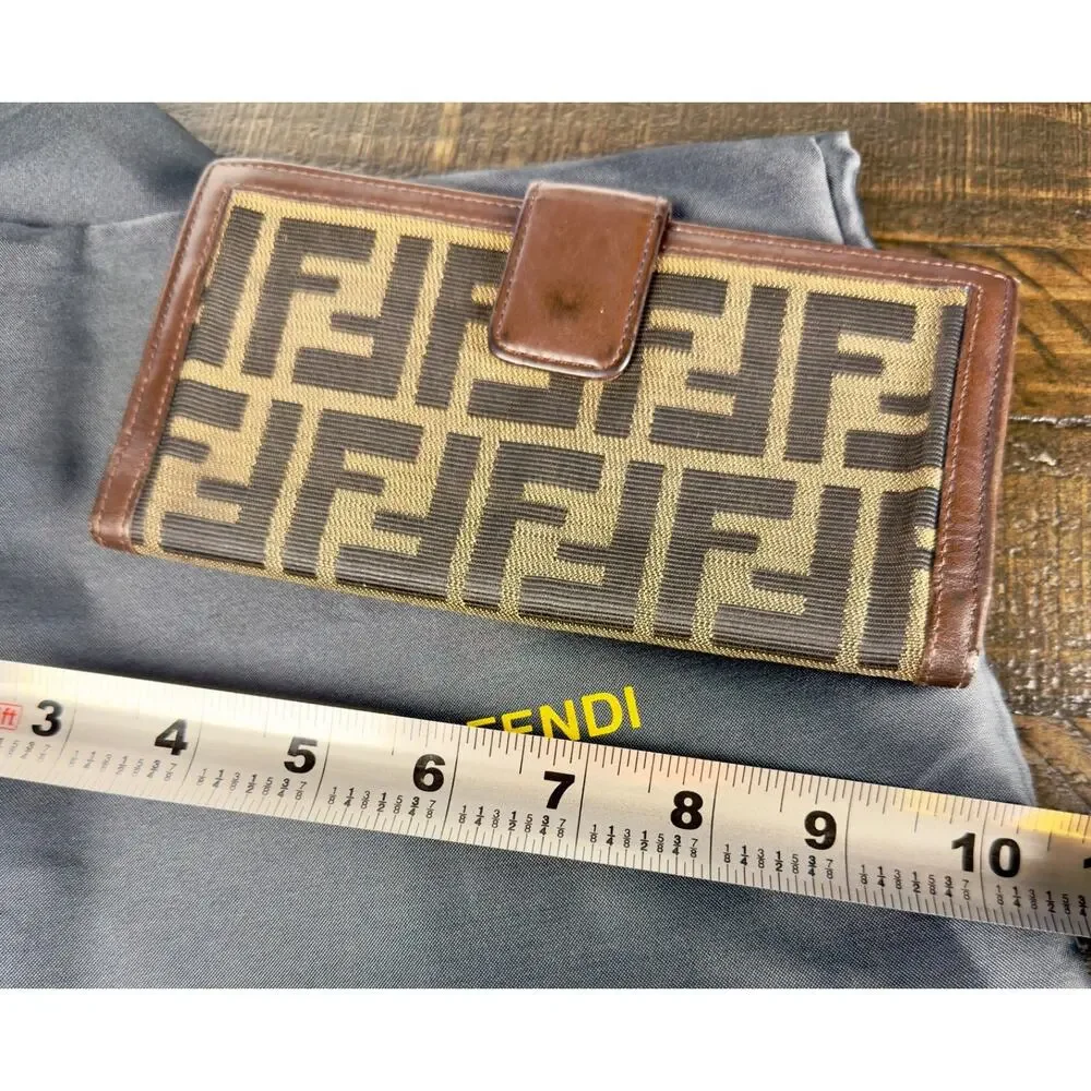 Authentic Fendi Zucca Canvas Long Wallet Brown Leather Bi-Fold with Dust Bag